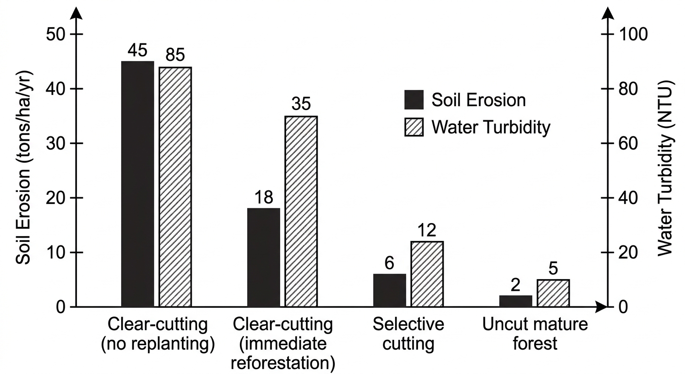 Bar chart comparing soil erosion and water turbidity across four different forest management practices, showing highest impacts from clear-cutting and lowest from uncut forests.