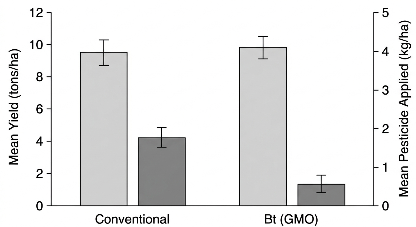 Bar chart showing conventional and Bt corn have similar yields around 9.5-9.8 tons/ha, but Bt corn uses much less pesticide (1.1 vs 4.2 kg/ha).