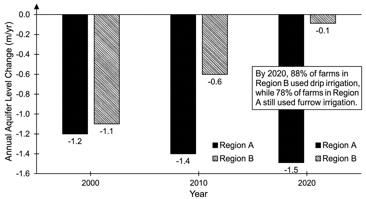 Bar chart showing Region B's aquifer depletion rate slowing significantly from 2000 to 2020 after adopting drip irrigation, while Region A's depletion rate slightly worsened.