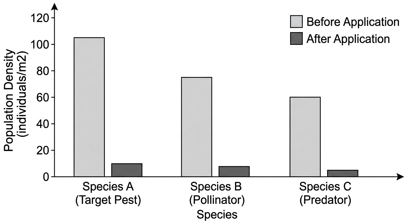 Bar chart showing massive population declines in target pests, pollinators, and predatory insects after insecticide application.
