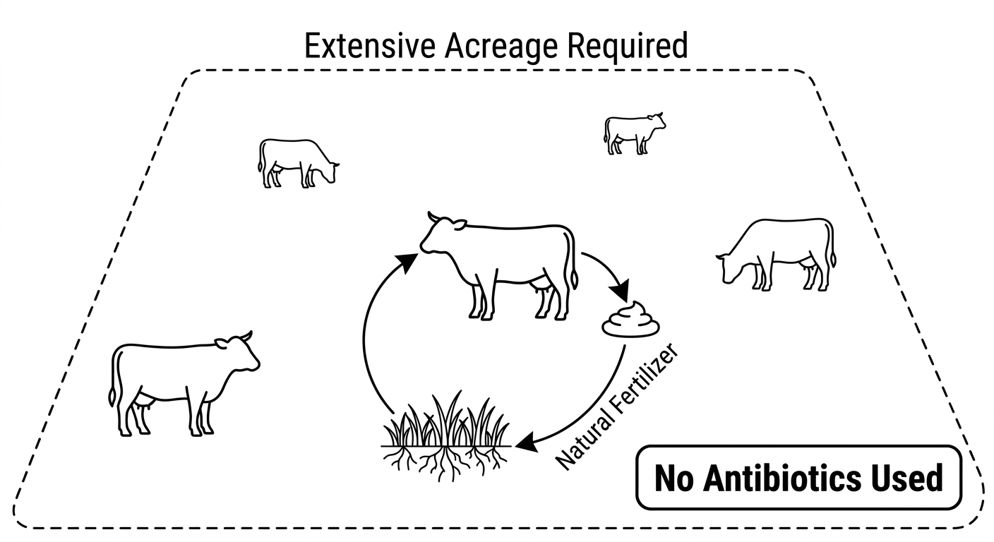 Diagram of cattle in a large pasture showing a nutrient cycle where grass is eaten and manure fertilizes the soil naturally.