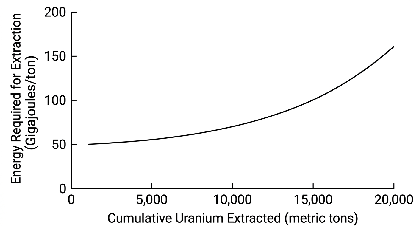 Line graph showing energy required for extraction increasing exponentially as cumulative uranium extraction increases.