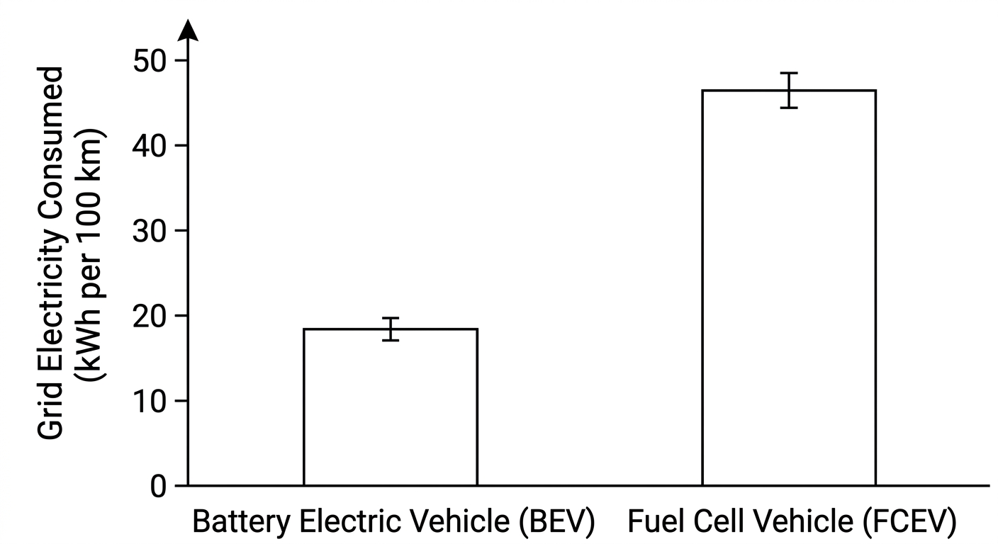Bar chart showing FCEVs consume more than twice as much grid electricity per 100 km as BEVs.