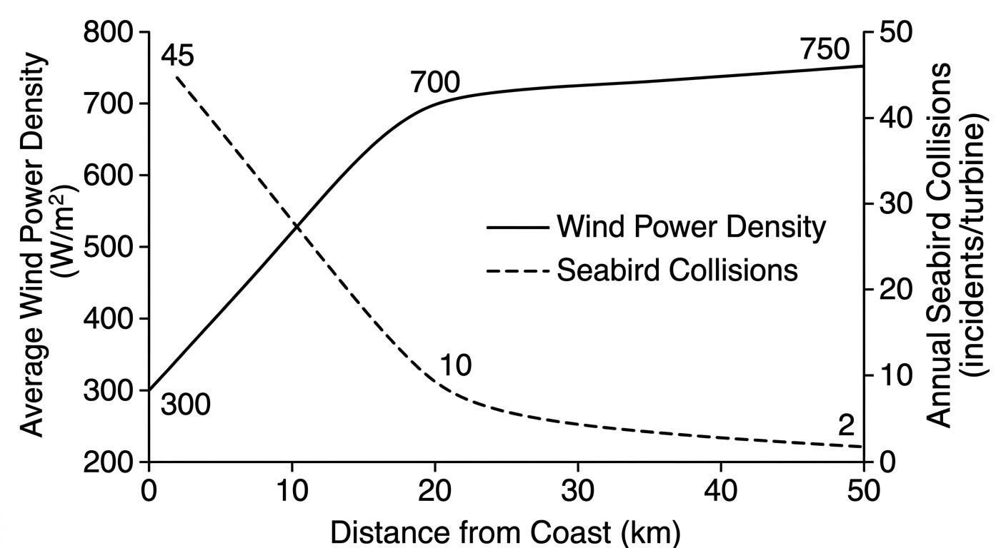 A dual-axis line graph showing wind power density increasing and plateauing as distance from the coast increases, while seabird collisions sharply decrease over the same distance.
