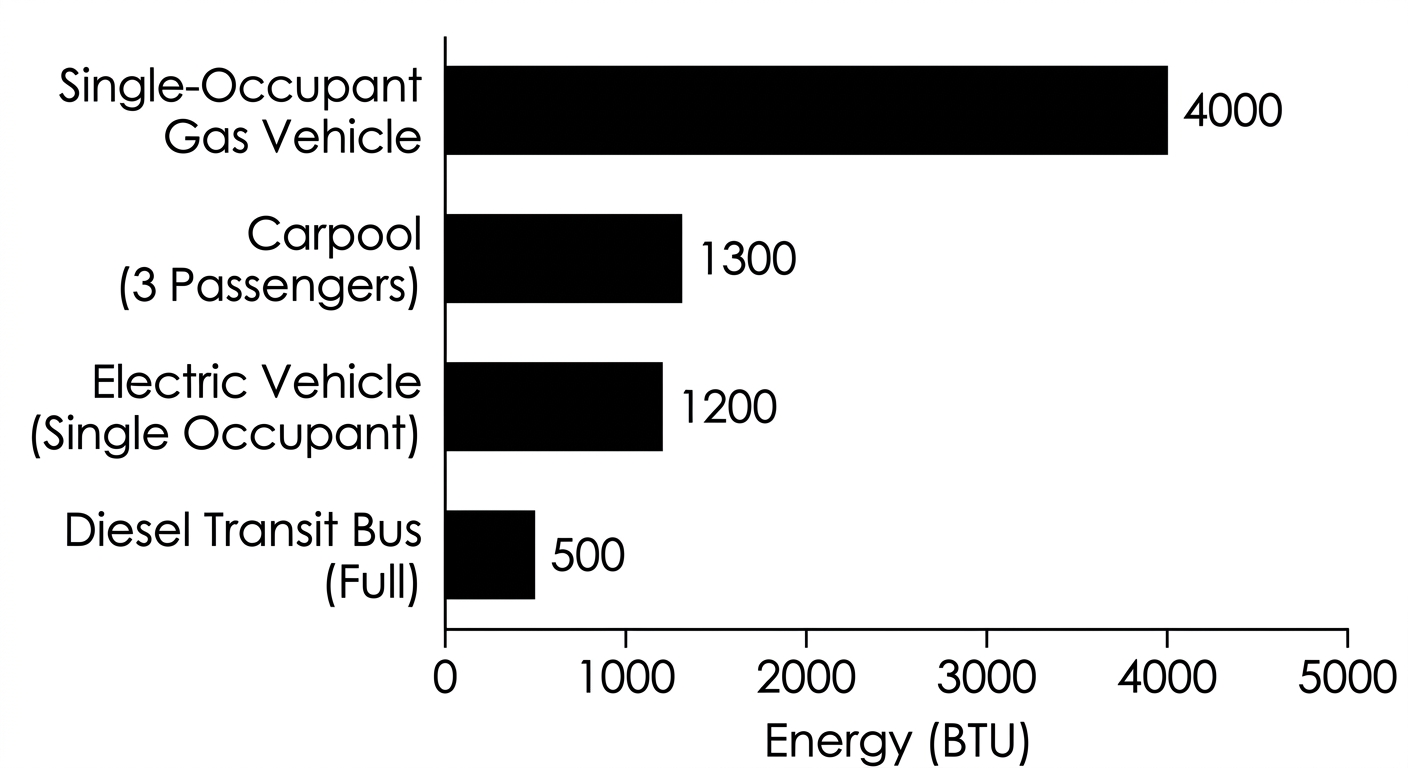 Bar chart showing single-occupant gas vehicles use the most energy per passenger-mile, while full transit buses use the least.
