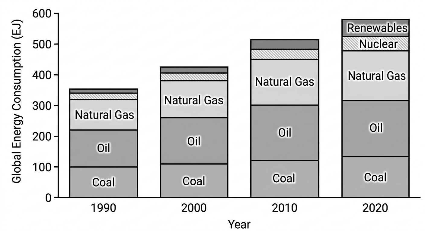 Stacked bar chart showing global energy consumption increasing over time, with fossil fuels making up the vast majority of the total.