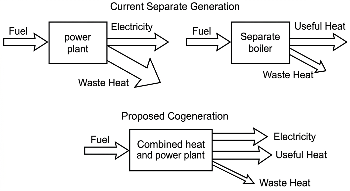 Diagram comparing separate electricity and heat generation with high waste heat to a combined cogeneration system with low waste heat.