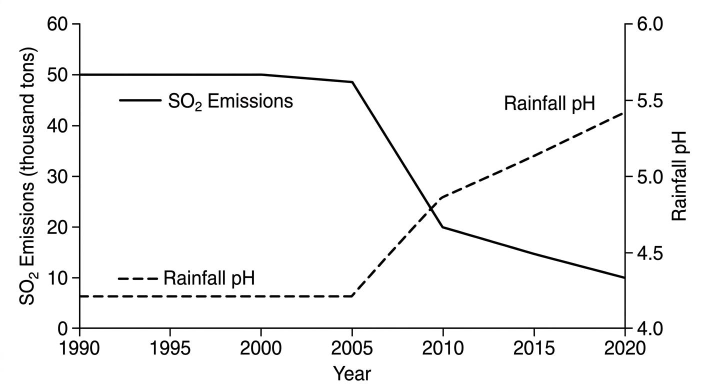 Line graph showing SO2 emissions decreasing after 2005 while rainfall pH simultaneously increases.