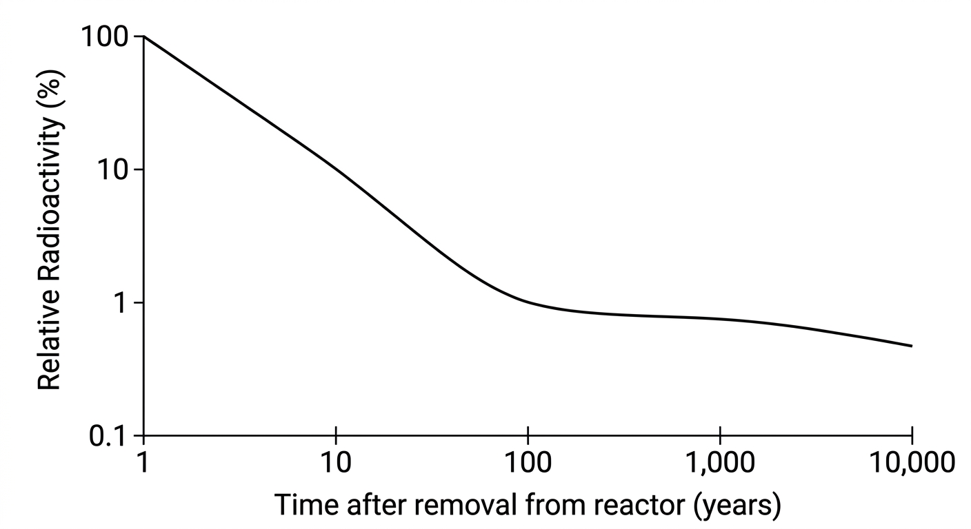 Line graph showing a rapid initial drop in spent fuel radioactivity over the first 100 years, followed by a very slow decline over the next 10,000 years.