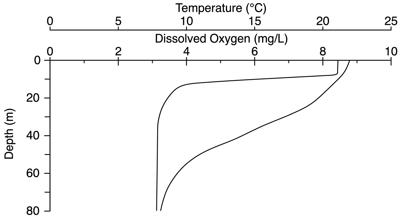Line graph showing water temperature and dissolved oxygen decreasing significantly as reservoir depth increases from 0 to 80 meters.