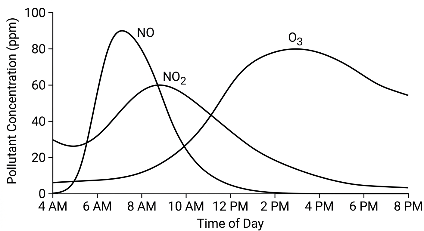 Graph showing NO peaking in morning, NO2 mid-morning, and O3 in the afternoon