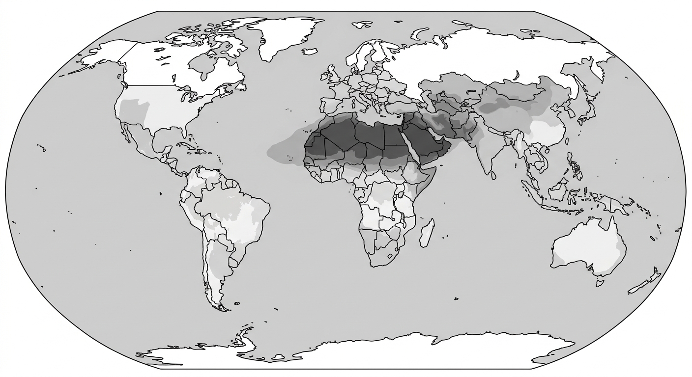 Global map showing high particulate matter over deserts and a uniform moderate layer of particulates across all oceans.