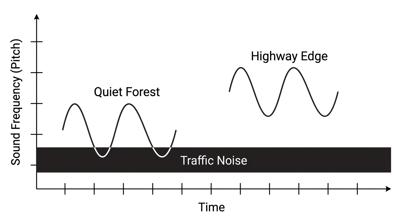 Graph showing a bird's song frequency shifting higher to avoid overlapping with low-frequency traffic noise