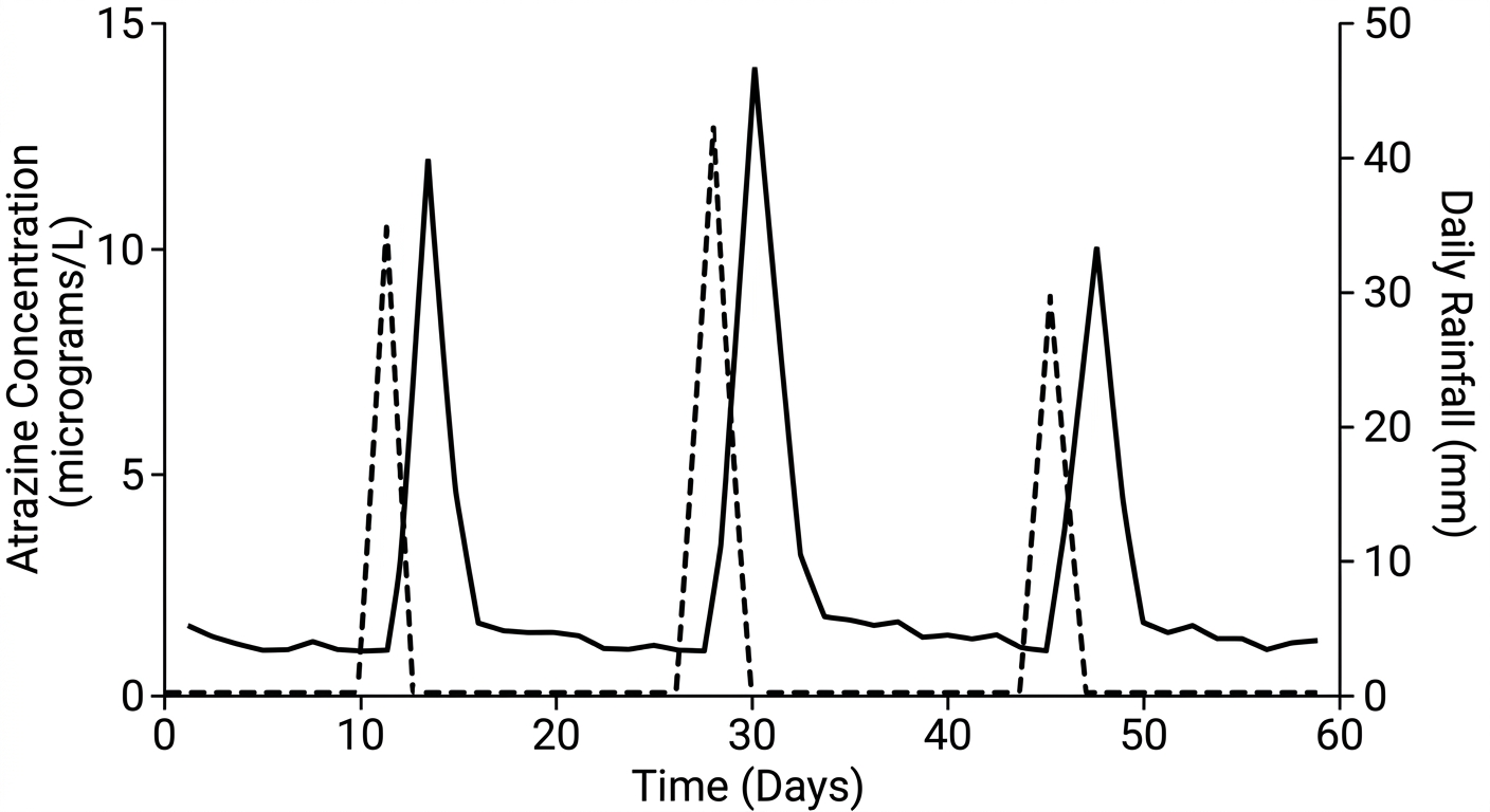 Dual-axis graph showing atrazine concentration spiking 1 to 2 days after major rainfall events.