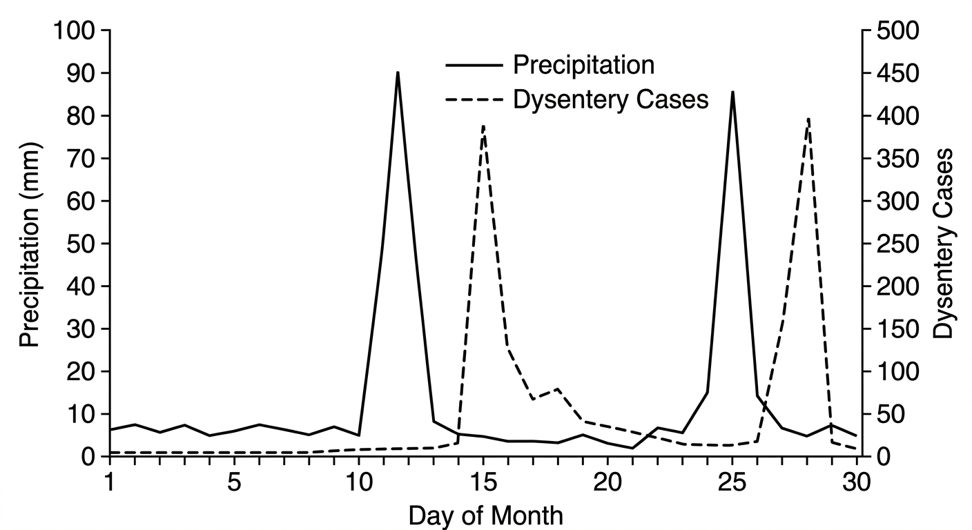 Line graph showing spikes in dysentery cases occurring a few days after major precipitation events.