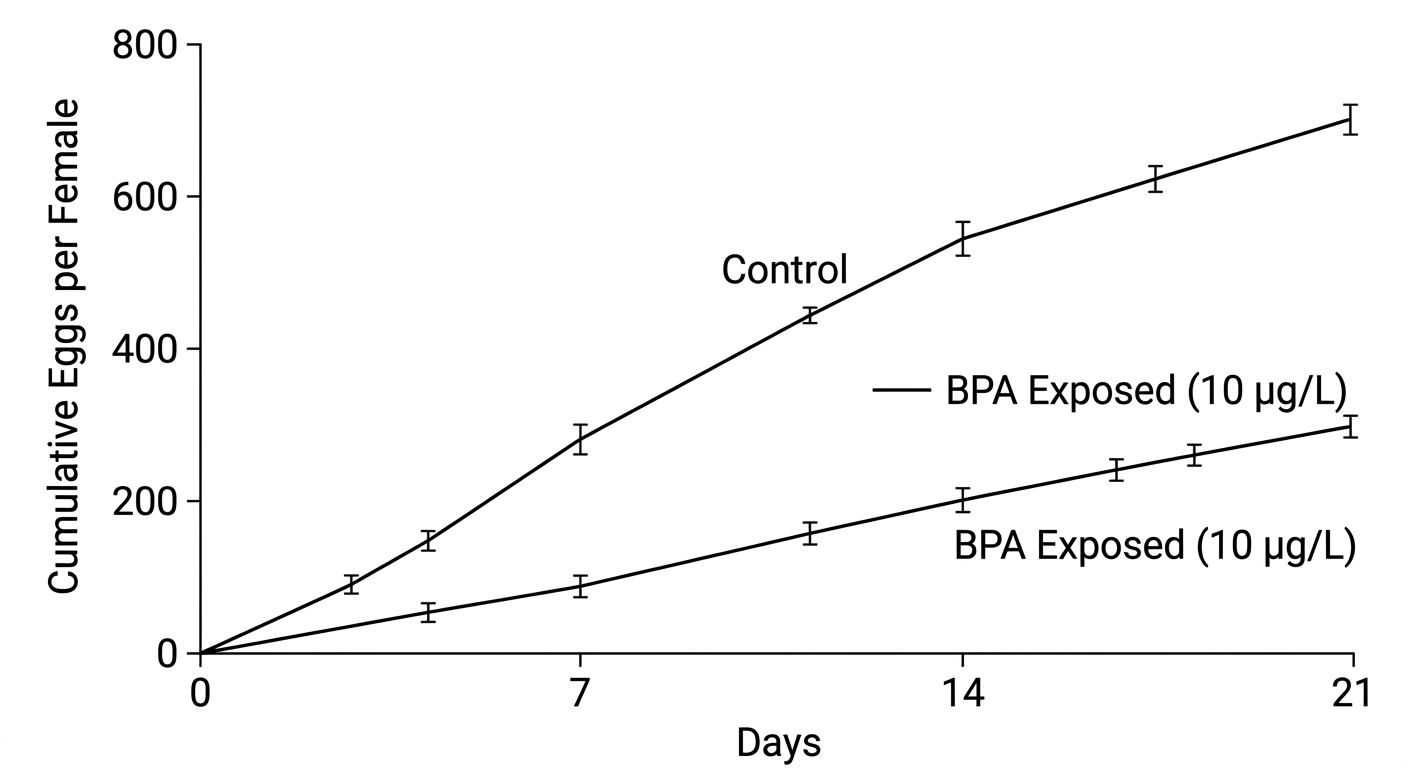 Line graph showing cumulative egg production is significantly lower in BPA-exposed fish compared to control fish over 21 days.
