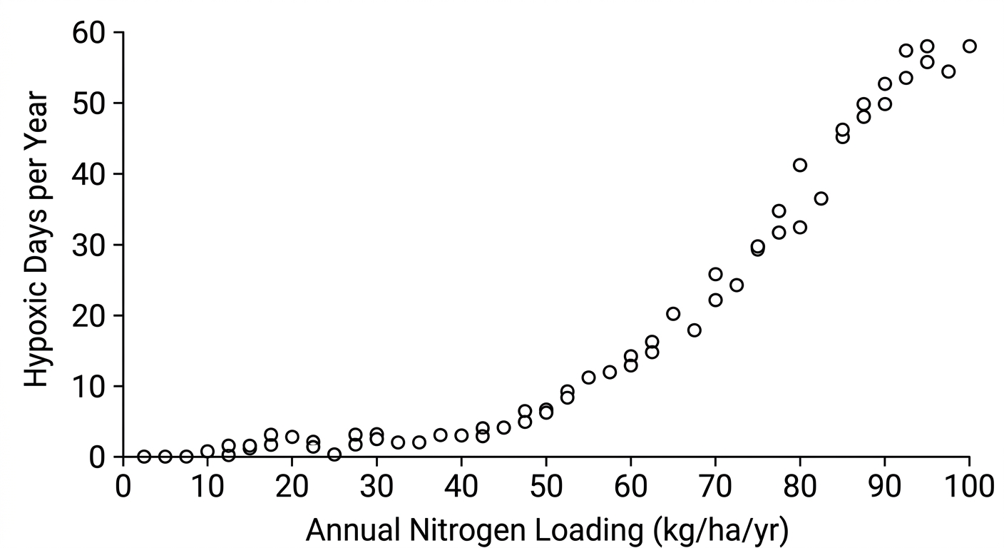 Scatter plot showing hypoxic days remaining near zero until nitrogen loading reaches 40 kg/ha/yr, after which hypoxic days increase dramatically.
