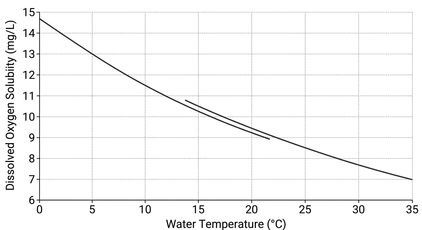 Line graph showing that as water temperature increases, the solubility of dissolved oxygen decreases.