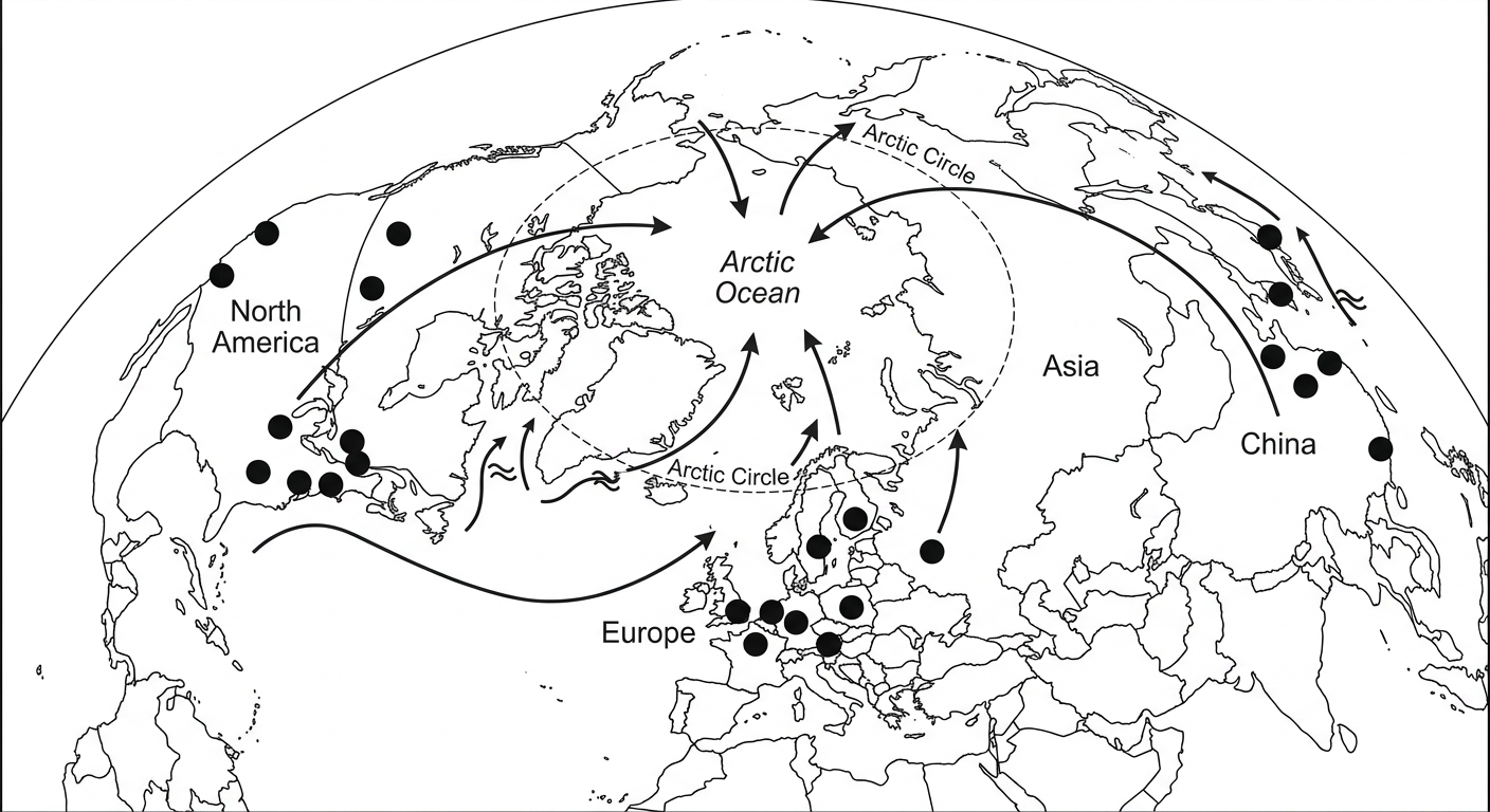 Map showing wind and ocean currents carrying pollutants from industrial regions in the mid-latitudes up into the remote Arctic.