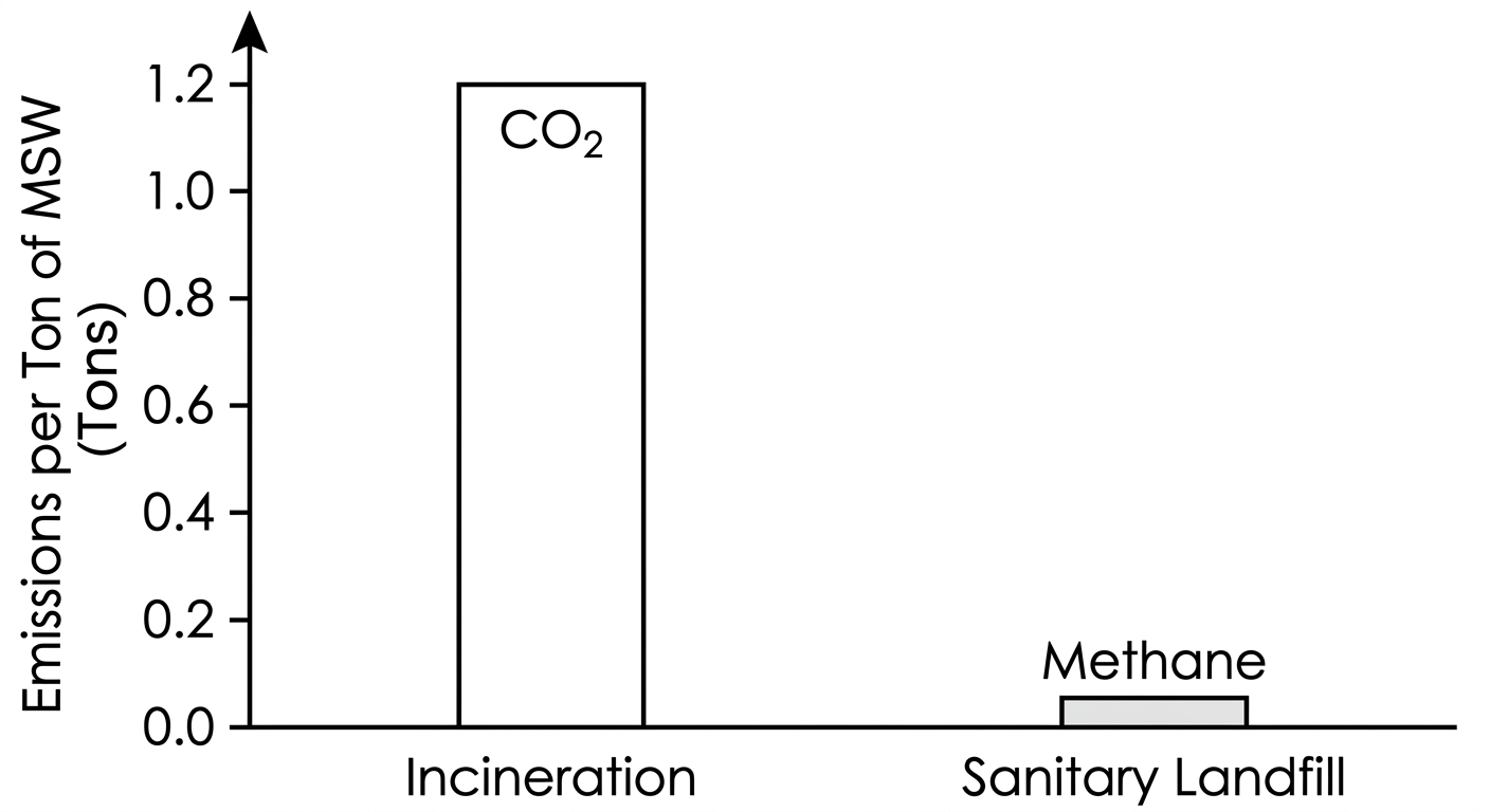 Bar chart showing incineration releases 1.2 tons of CO2 per ton of waste, while landfills release 0.05 tons of methane.