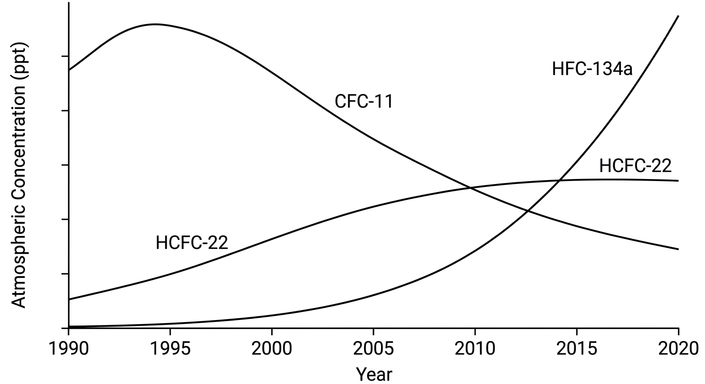 Line graph showing CFC-11 declining after 1995, HCFC-22 rising then plateauing, and HFC-134a rising exponentially since 2000.