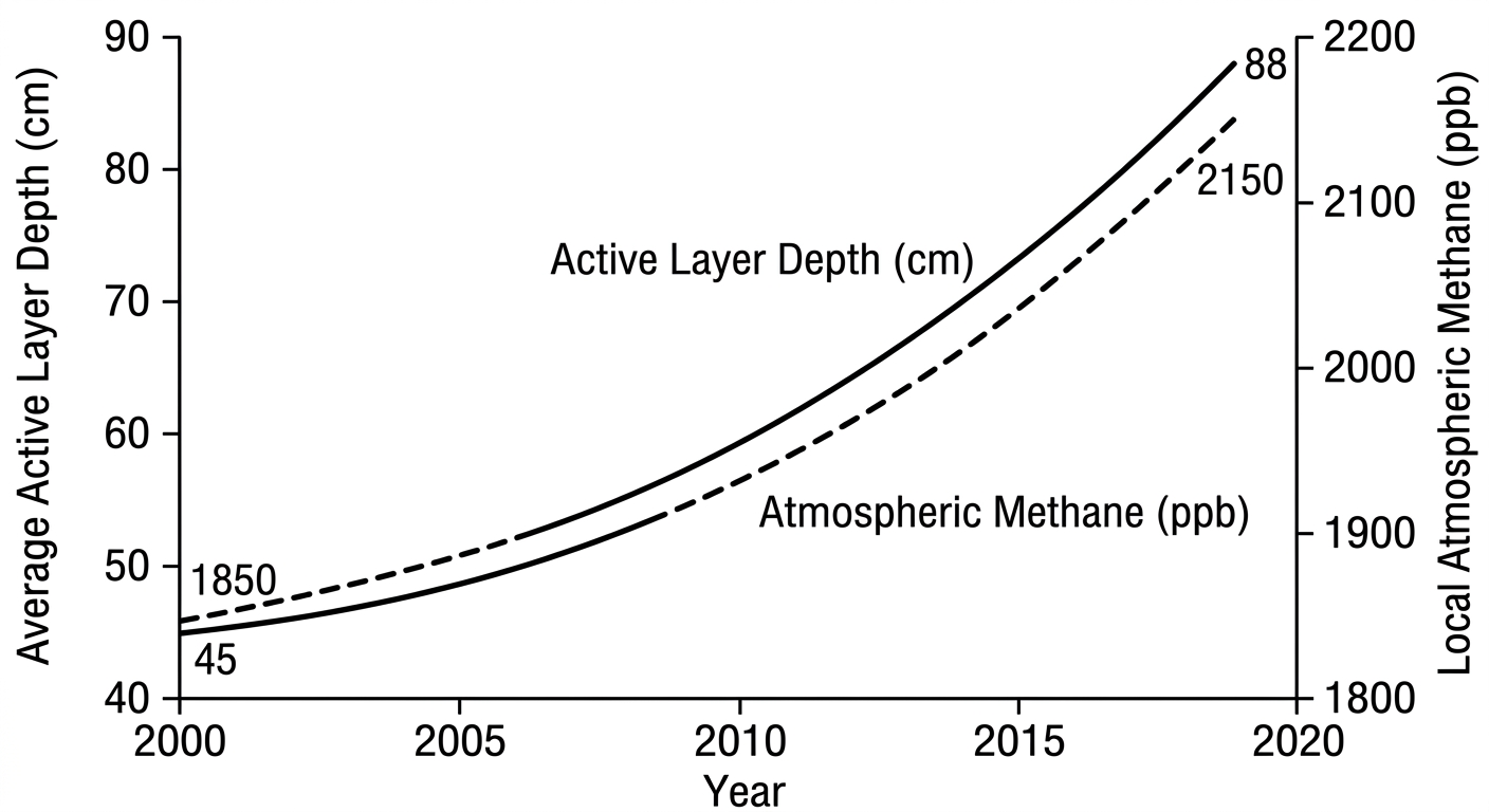 A dual-axis line graph showing both permafrost active layer depth and atmospheric methane concentrations increasing simultaneously from 2000 to 2020.