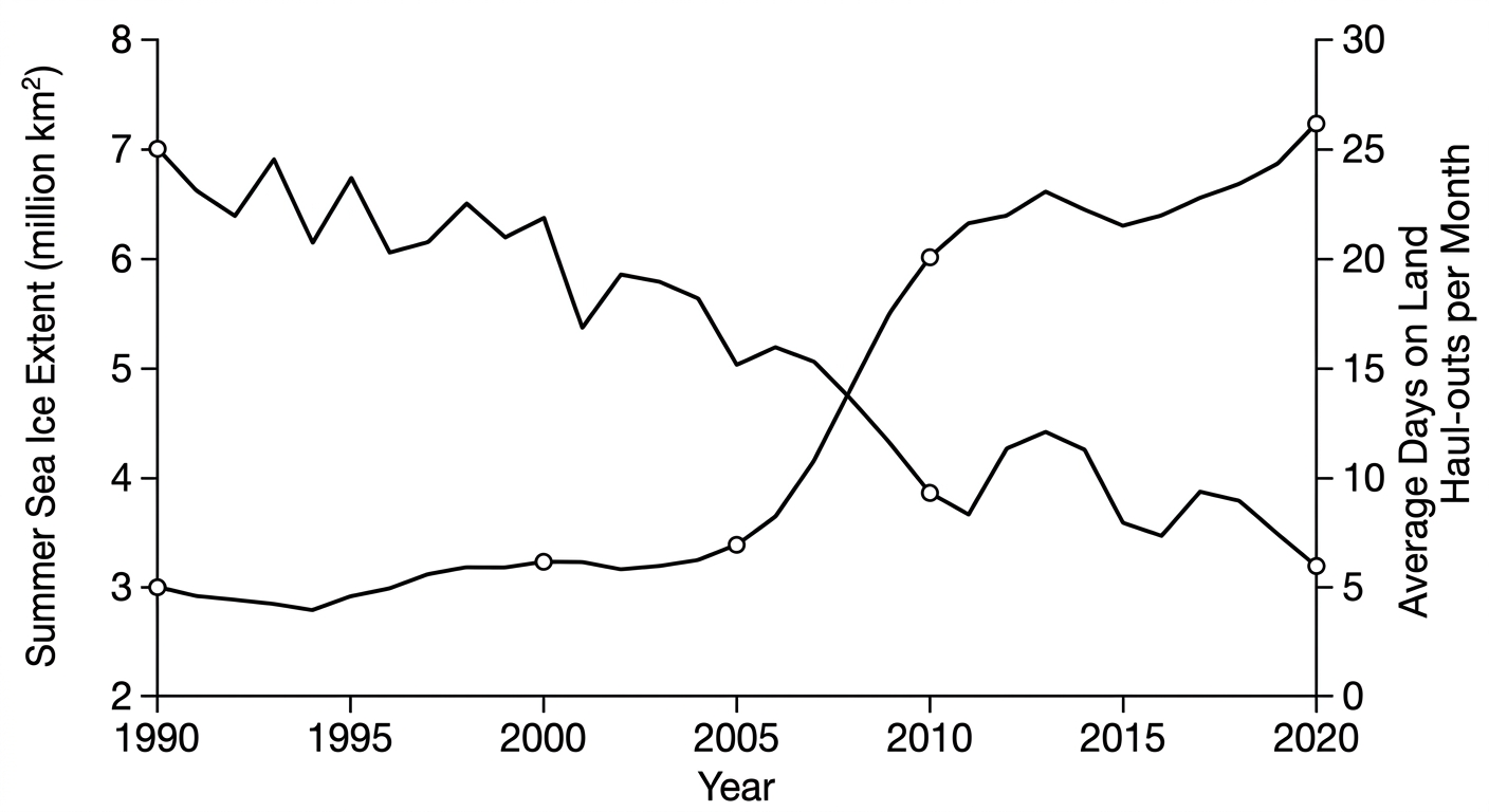 Graph showing summer sea ice extent decreasing over time while days spent on land haul-outs increases
