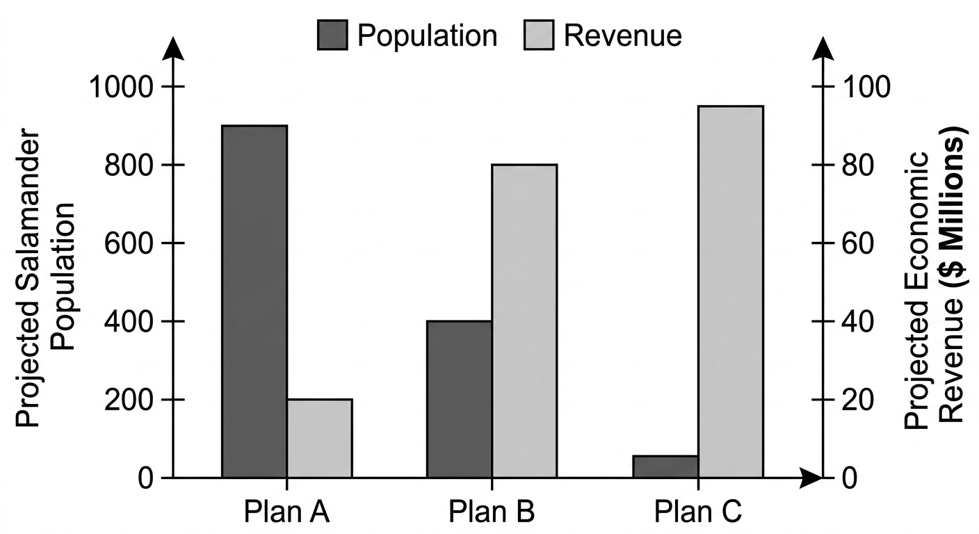 Bar chart showing three land-use plans comparing projected salamander populations against economic revenue, with Plan B showing a moderate population and high revenue.