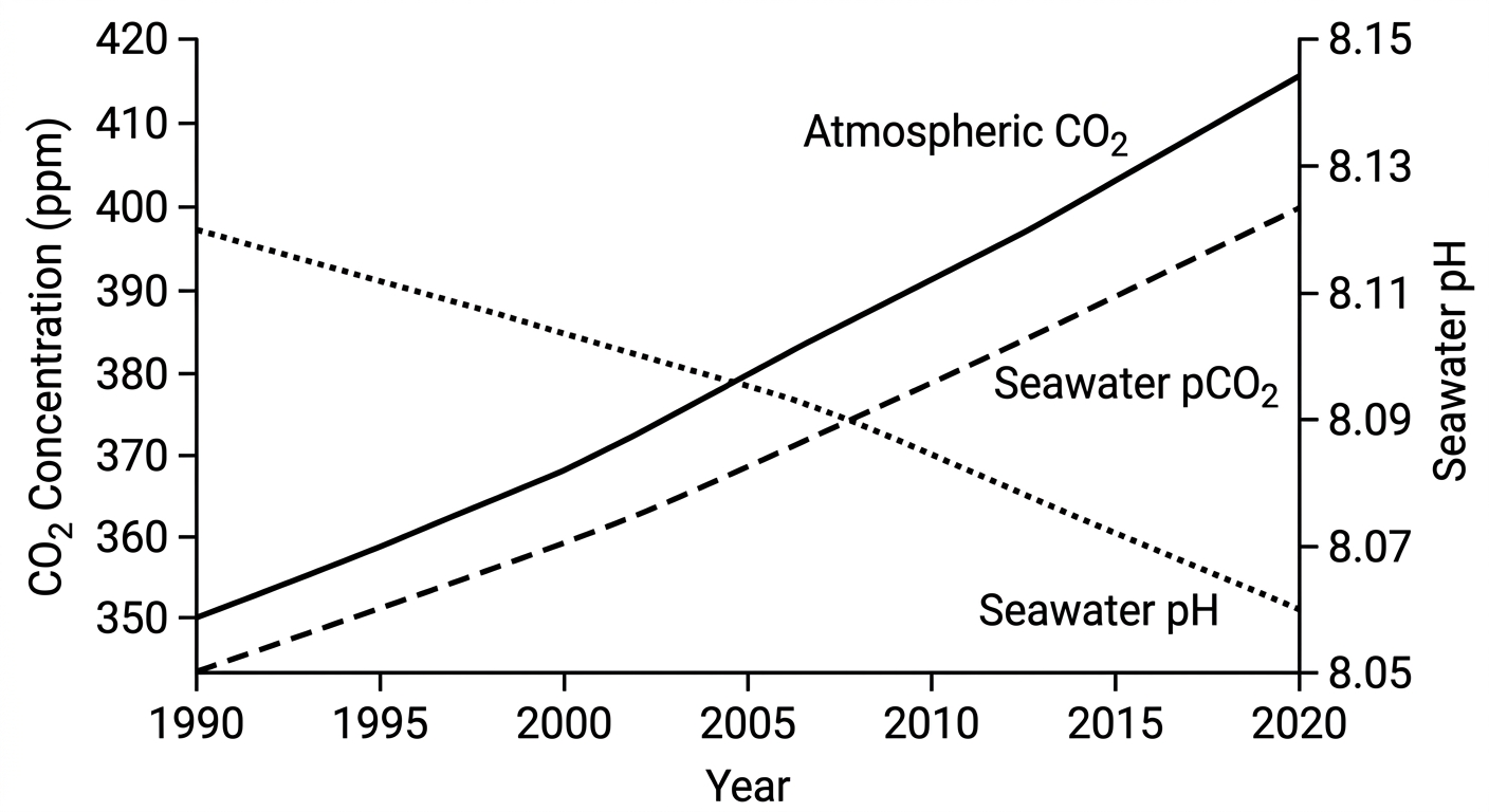 Line graph showing atmospheric CO2 and seawater CO2 increasing over time while seawater pH decreases.