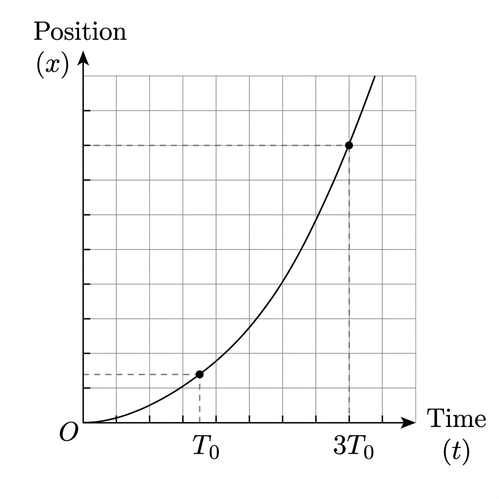 Position-time graph showing a cubic curve with points marked at T_0 and 3T_0.