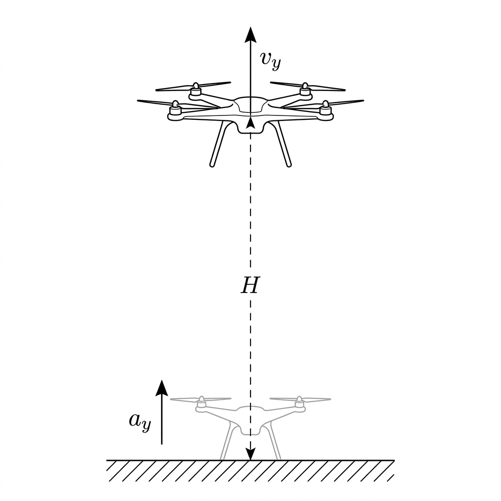Diagram of a drone accelerating upward from the ground with acceleration a_y, reaching velocity v_y at height H.