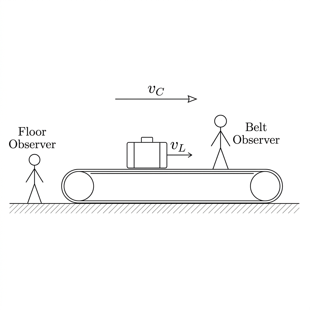 Diagram of a conveyor belt moving right at v_C. Luggage on the belt moves right at v_L relative to the belt. Observers are on the floor and on the belt.