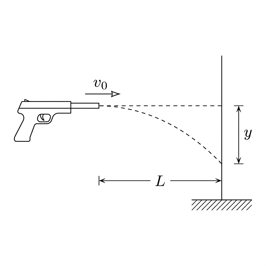 Diagram of a dart fired horizontally from distance L, hitting a wall at a vertical drop y.
