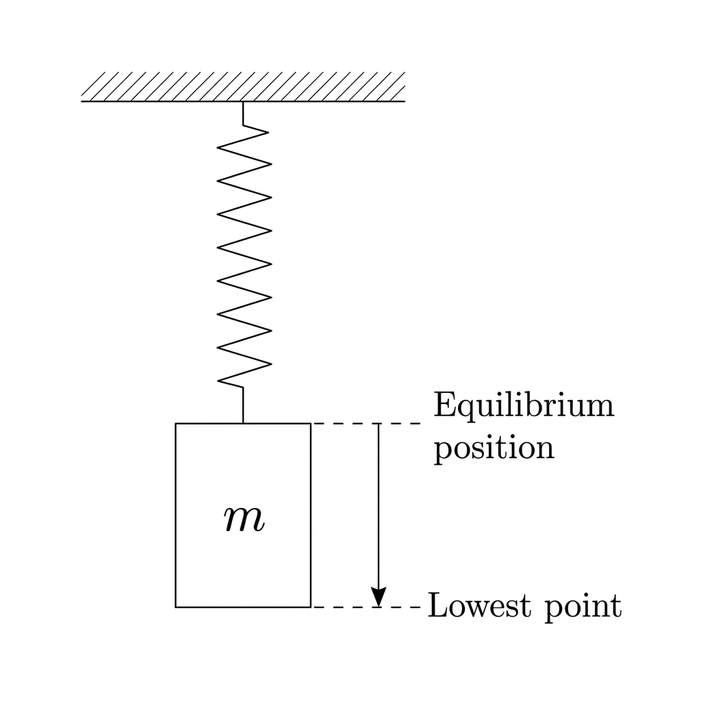 A block on a vertical spring with dashed lines marking its equilibrium position and lowest point.
