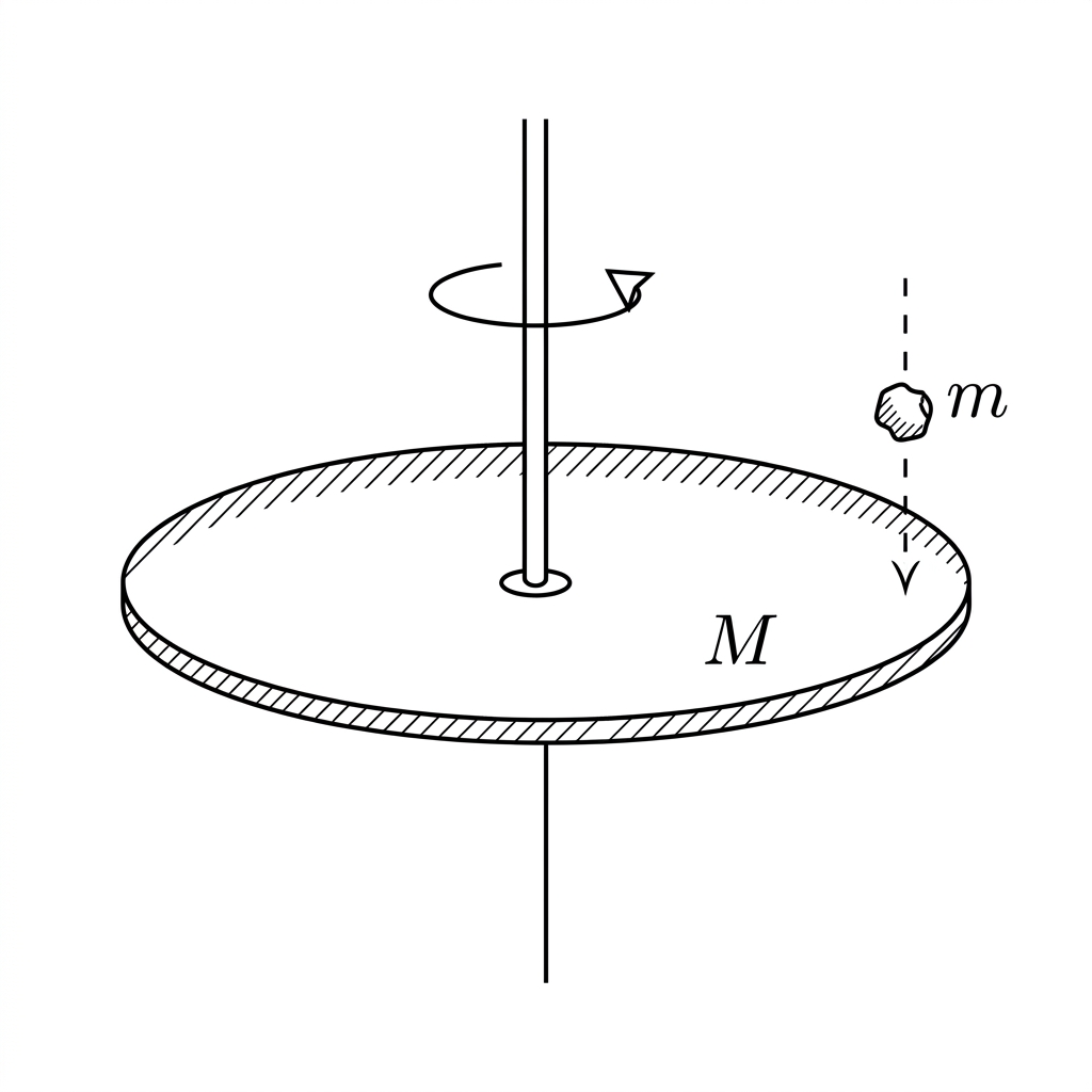 A piece of clay of mass m falling onto the edge of a rotating disk of mass M.