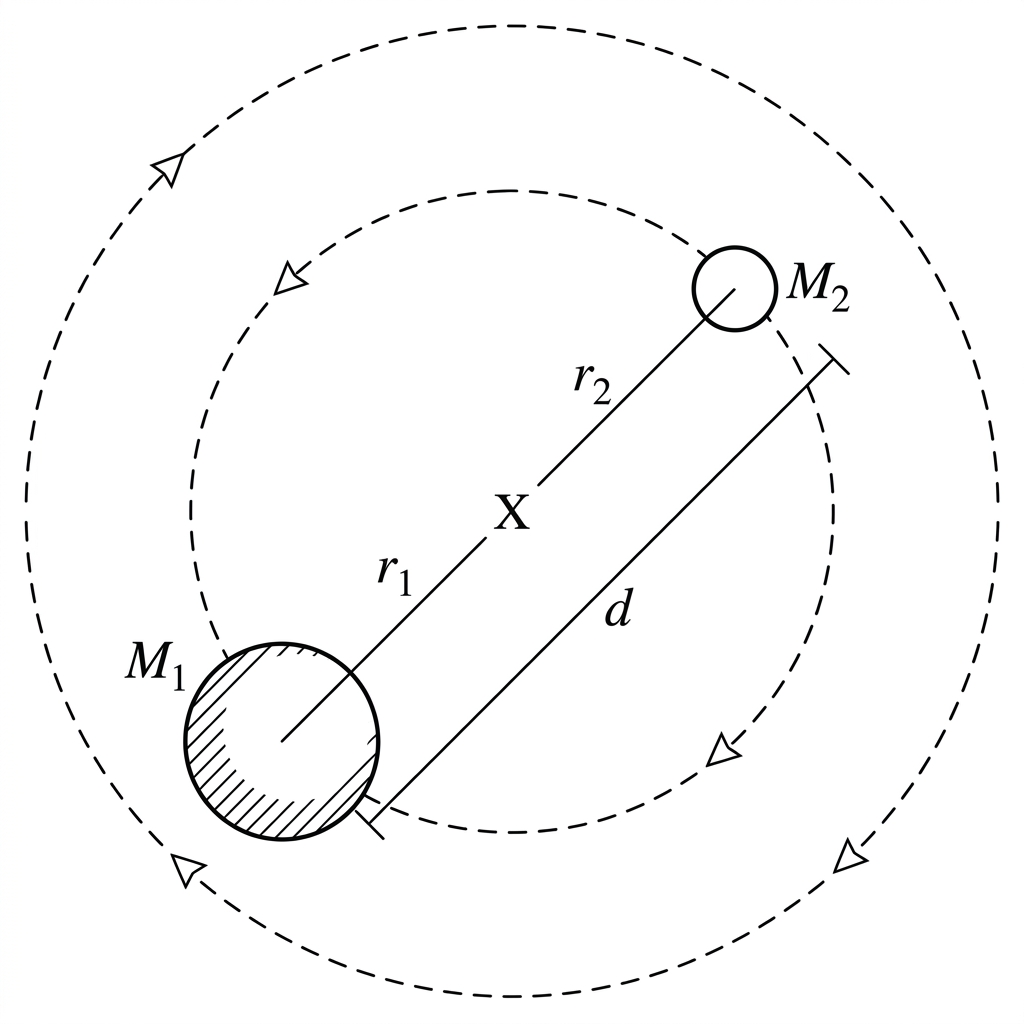 Planet and moon orbiting a common center of mass.