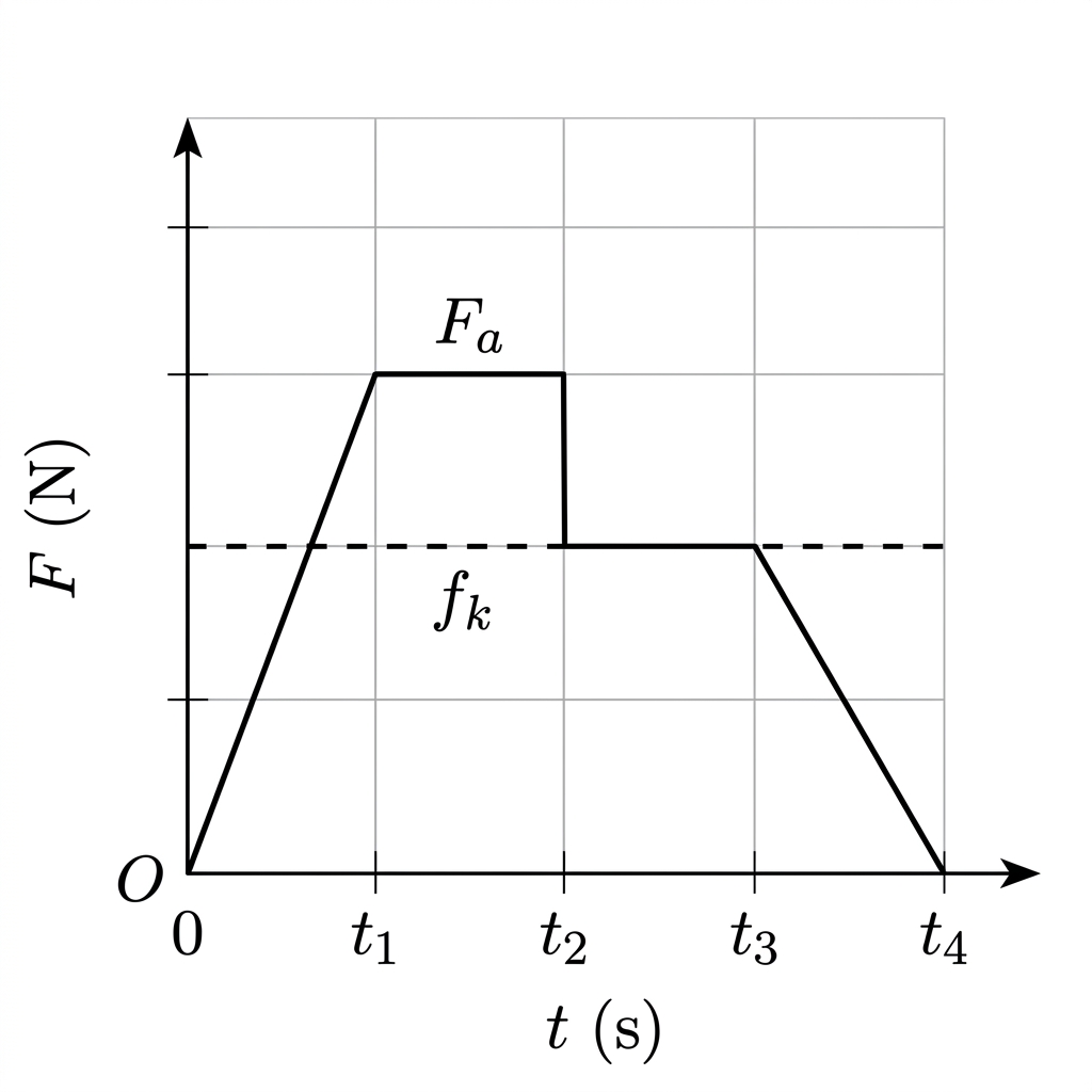 A force versus time graph showing applied force F_A and kinetic friction f_k. F_A equals f_k between times t2 and t3.