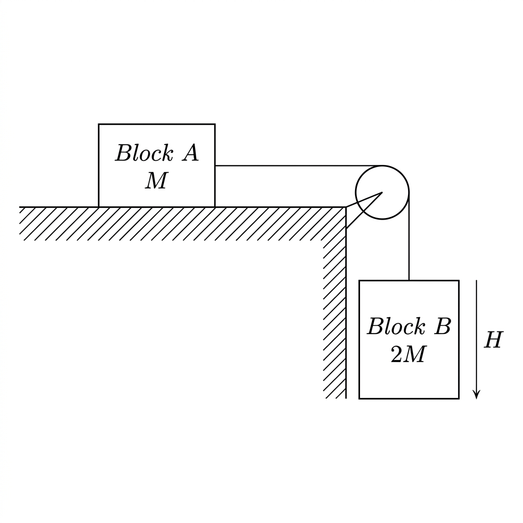 Diagram showing Block A of mass M on a frictionless horizontal surface connected via a pulley to a hanging Block B of mass 2M.