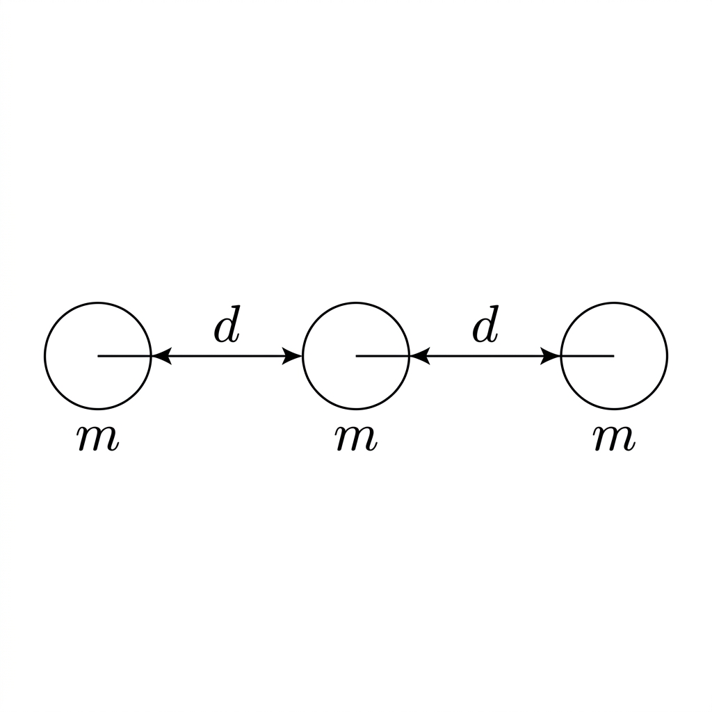 Diagram of three identical masses in a line, separated by distance d.