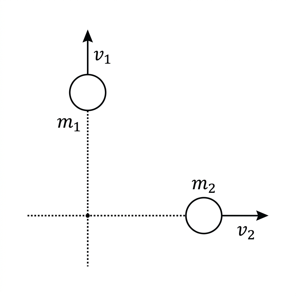 Top-down diagram of two pucks moving perpendicularly toward a collision point.