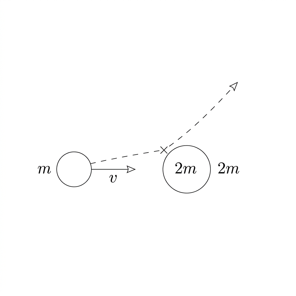 Puck A moving East towards stationary Puck B. After collision, Puck A moves Northeast.