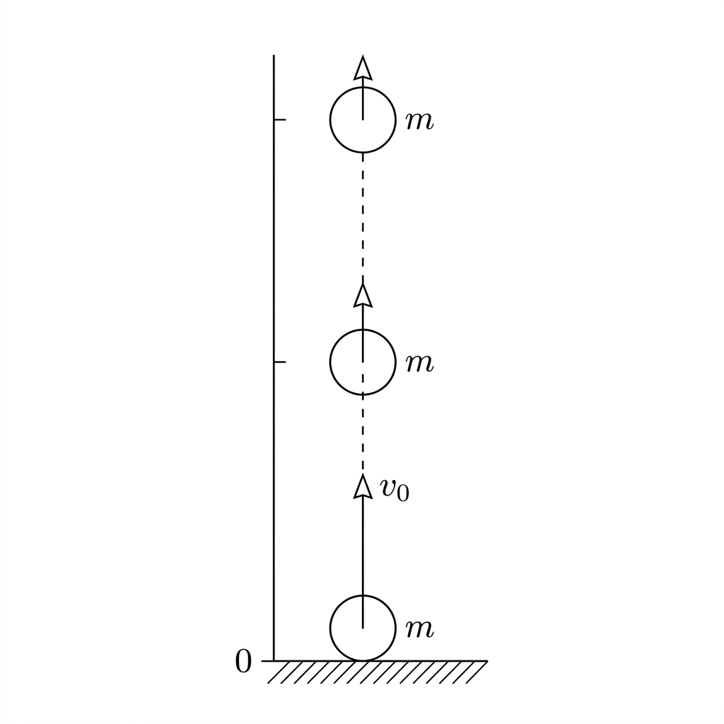 Diagram of a ball at three different heights moving upward.