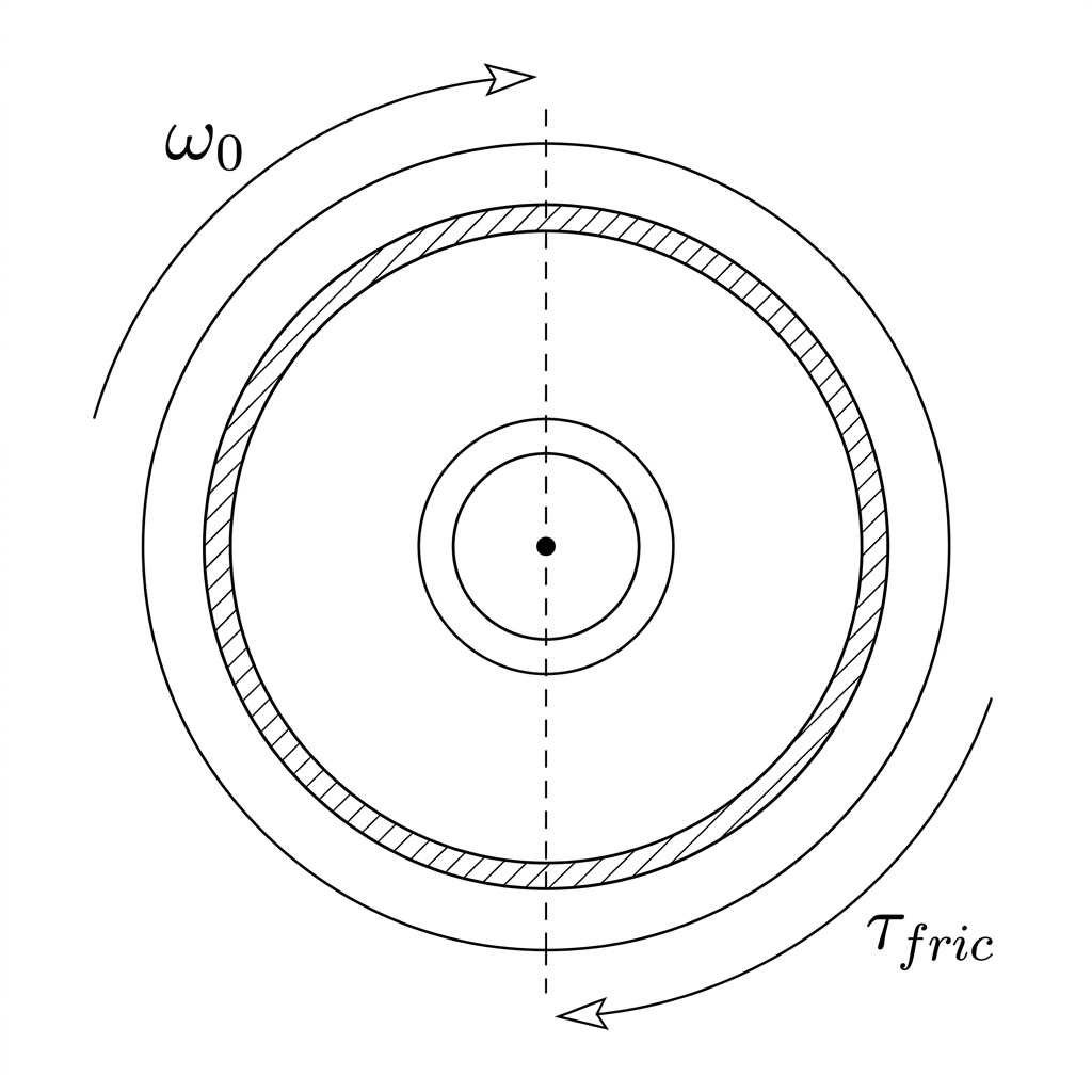 A hollow cylinder rotating counterclockwise with a clockwise frictional torque applied.