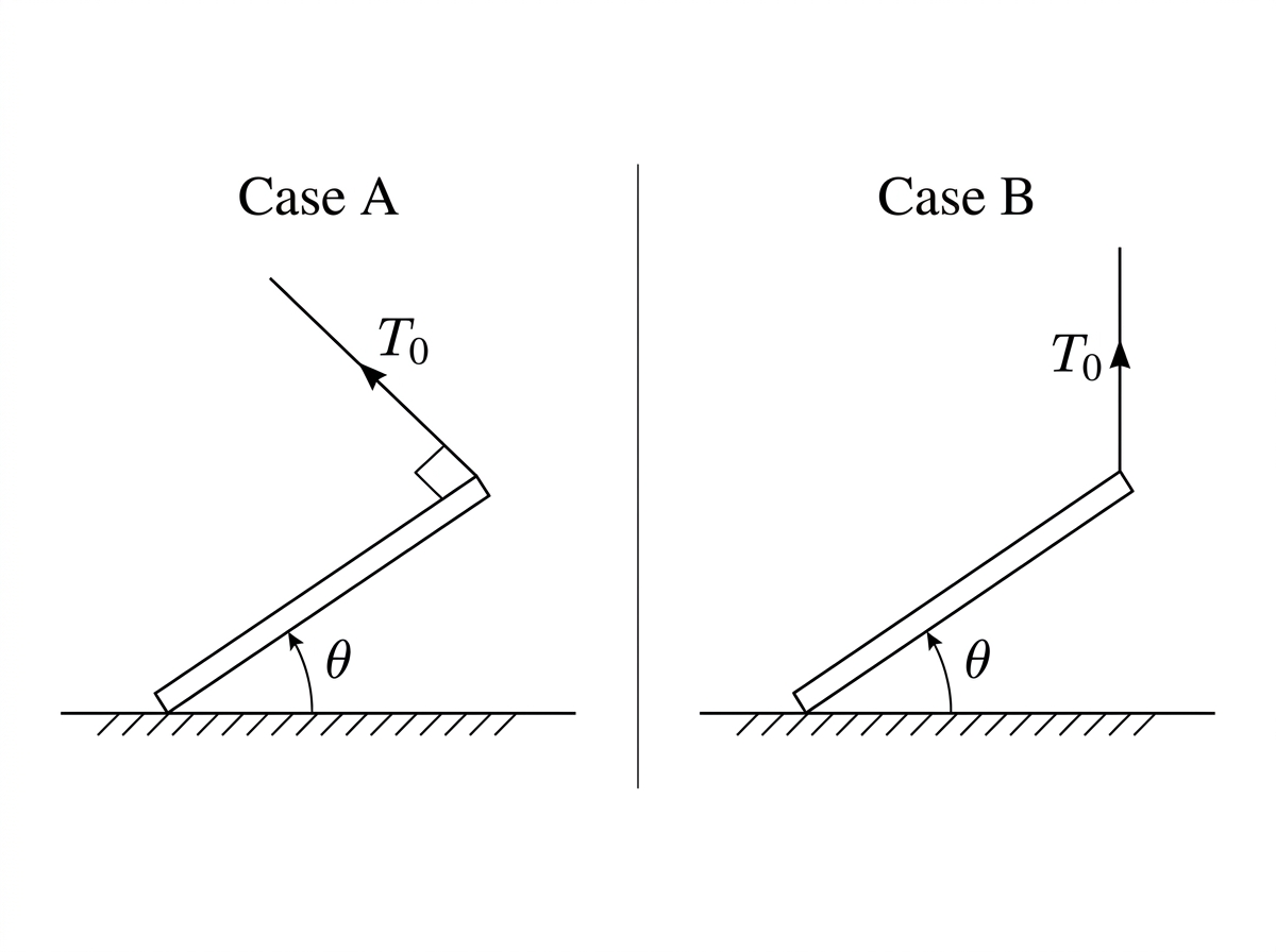 Two cases of a hinged board at angle theta. Case A shows a perpendicular rope. Case B shows a vertical rope. Both ropes have tension T_0.
