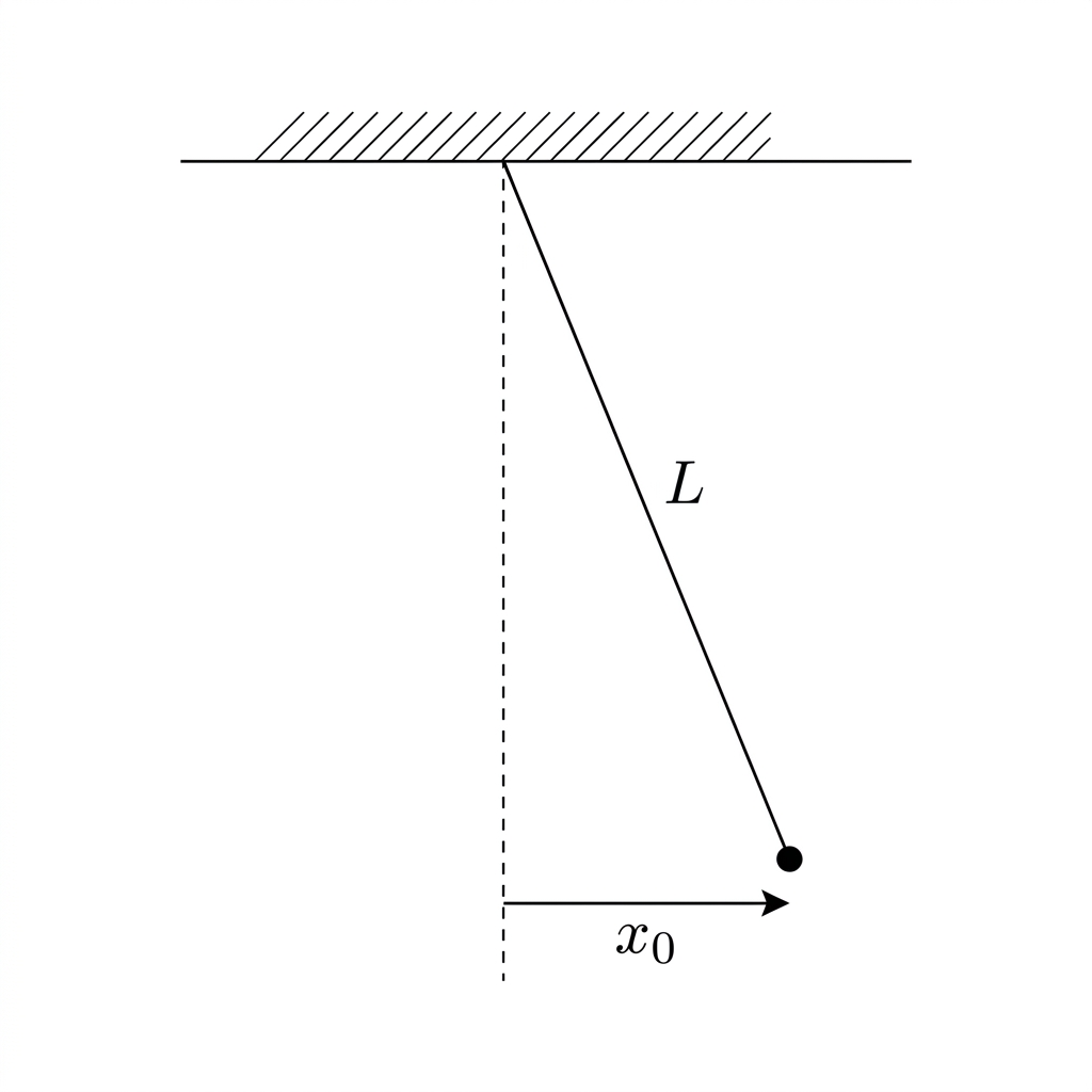 A pendulum of length L displaced horizontally by a distance x_0 from its vertical equilibrium position.