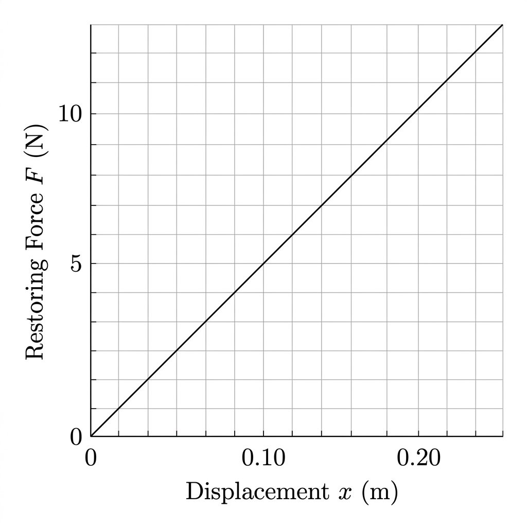 Graph of restoring force versus displacement showing a linear relationship passing through the origin and the point 0.20 meters, 10 newtons.