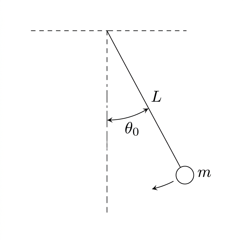 Diagram of a simple pendulum displaced by an angle theta_0 from the vertical.