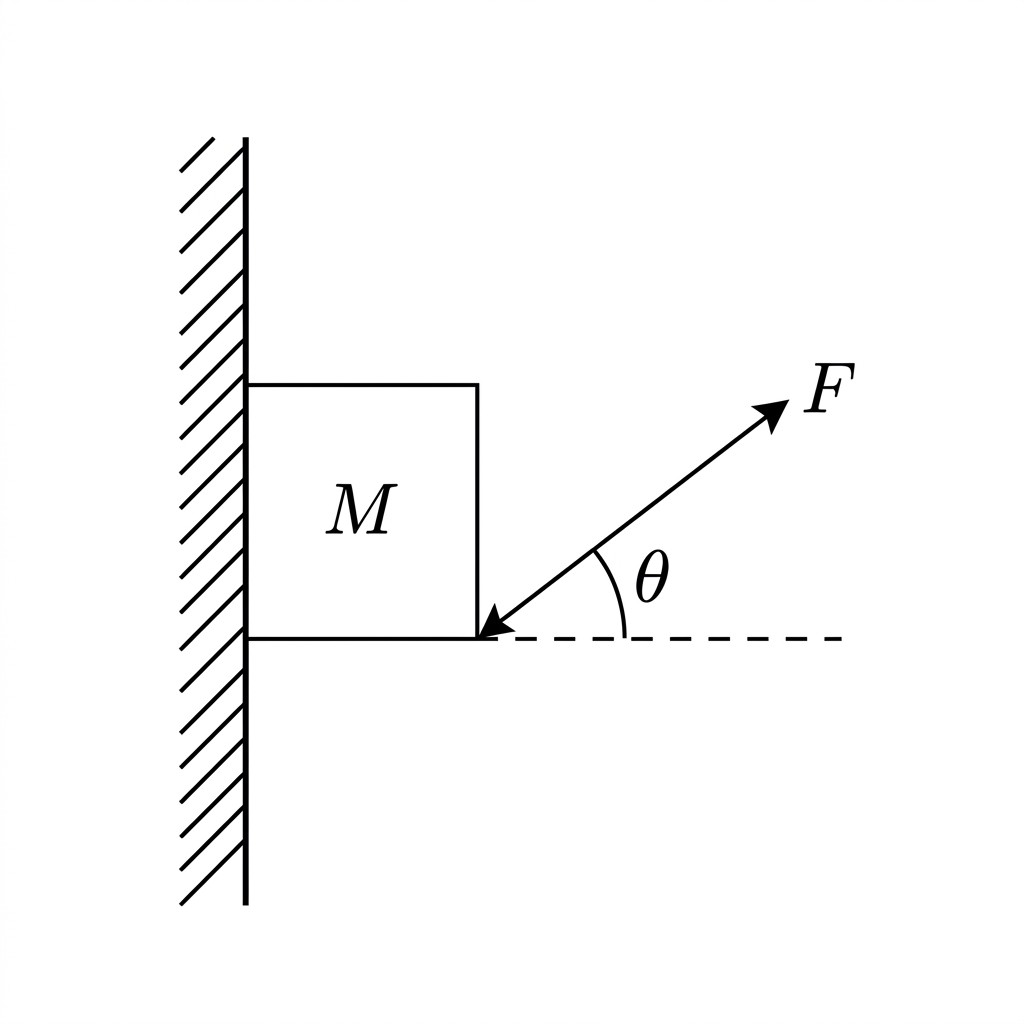 A block against a vertical wall with a force F applied at an upward angle theta relative to the horizontal.