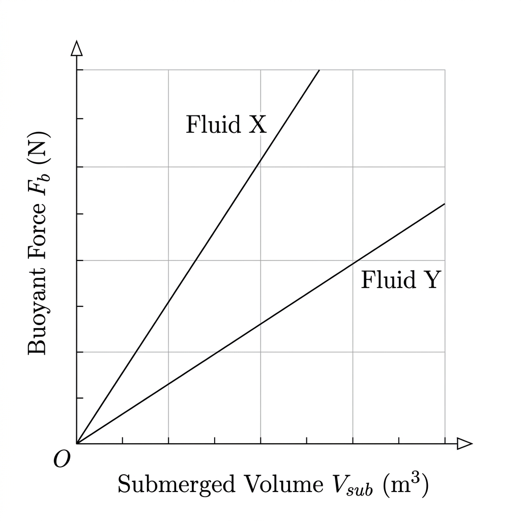 Graph of buoyant force versus submerged volume for two fluids, with Fluid X having a steeper slope than Fluid Y.