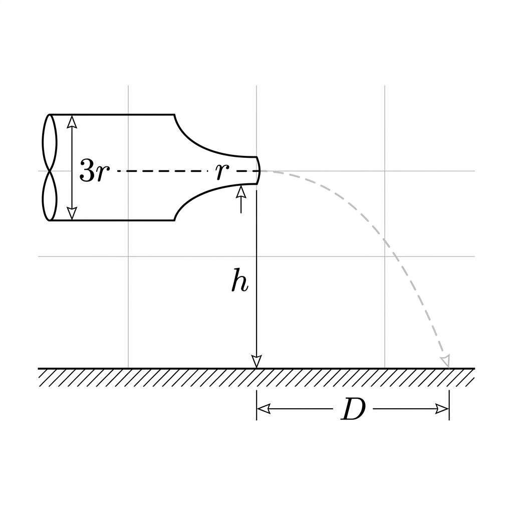 A pipe narrowing to a nozzle at height h, with water shooting horizontally and landing at distance D.
